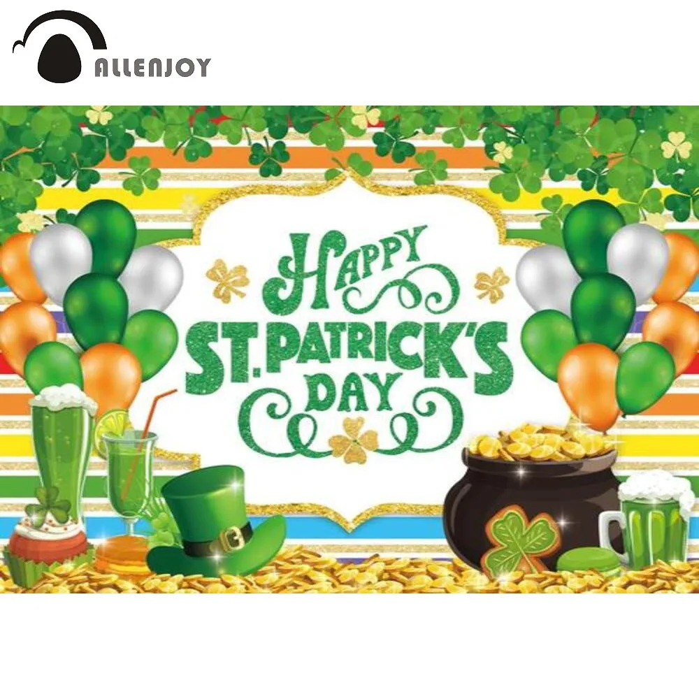 

Allenjoy Happy St.patrick's Day Party Background Stripe Balloons Lucky Clover Golden Coins Green Beer Photography Backdrop