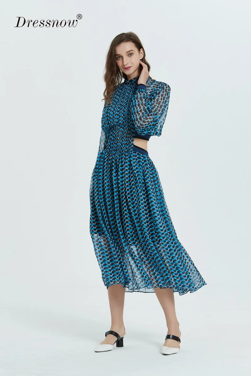 Dressnow, женское дизайнерское макси платье, для девушек, 3/4 рукав, геометрический принт, талия, с отверстиями, для праздника, повседневное, длинное, шифоновое