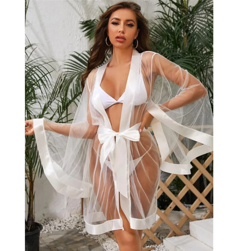 

Kayotuas Women Beach Bikini Cover-Up Beachdress Sexy Swimwear Summer Mesh See-Through Bandage Swimming Suit White Hot Outfit