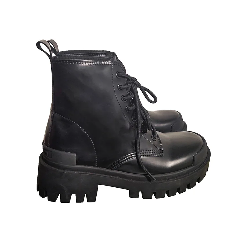 

Fall Winter New Black Leather Women Ankle Booties Round Toe Thick Bottom Flat Platform Riding Boots Brand Style Botines Mujer