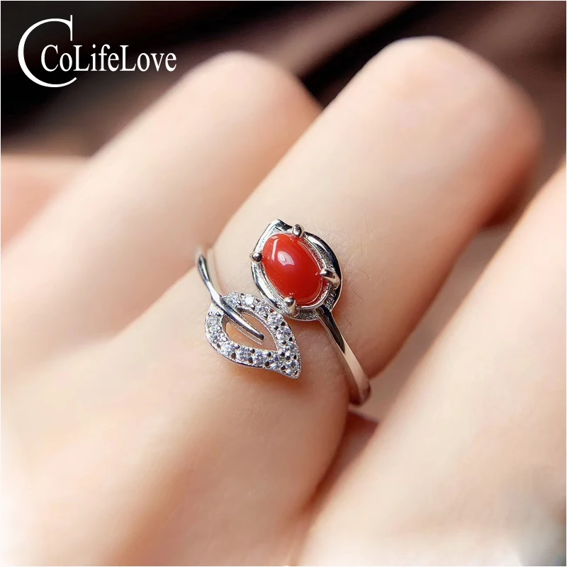 

CoLife Jewelry 925 Silver Red Coral Ring for Daily Wear 4*6mm Natural Precious Coral Silver Ring Fashion Silver Ring