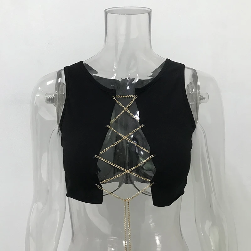 Red Black White Metal Chain Sleeveless Crop Top Sexy Clubwear Women Adjustable Lace Up Hollow Out Tank Tops Tees Camisole | Женская