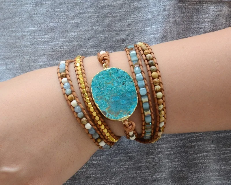 Океана браслет из синего камня Boho 5X кожа дружба Обёрточная Бумага богемные
