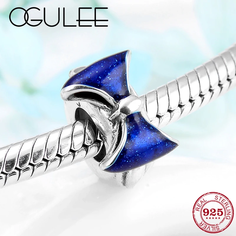 Женский браслет с синим бантом из стерлингового серебра 925 пробы эмалированные