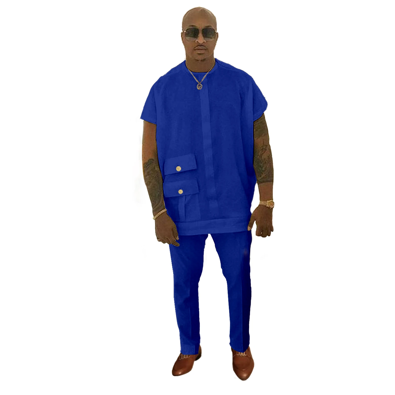 African Clothes for Men Dashiki Round Collar Attire Short Sleeve Men Set with Pants Two-piece AFLIONE v2116046