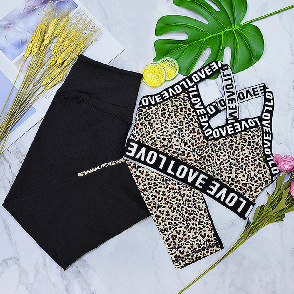 

Slim Yoga Sets Women Leopard Print Sport Suit Running Sportwear Crop Tops Strappy Workout Gym Bras Leggings Tight Gymwear Femme