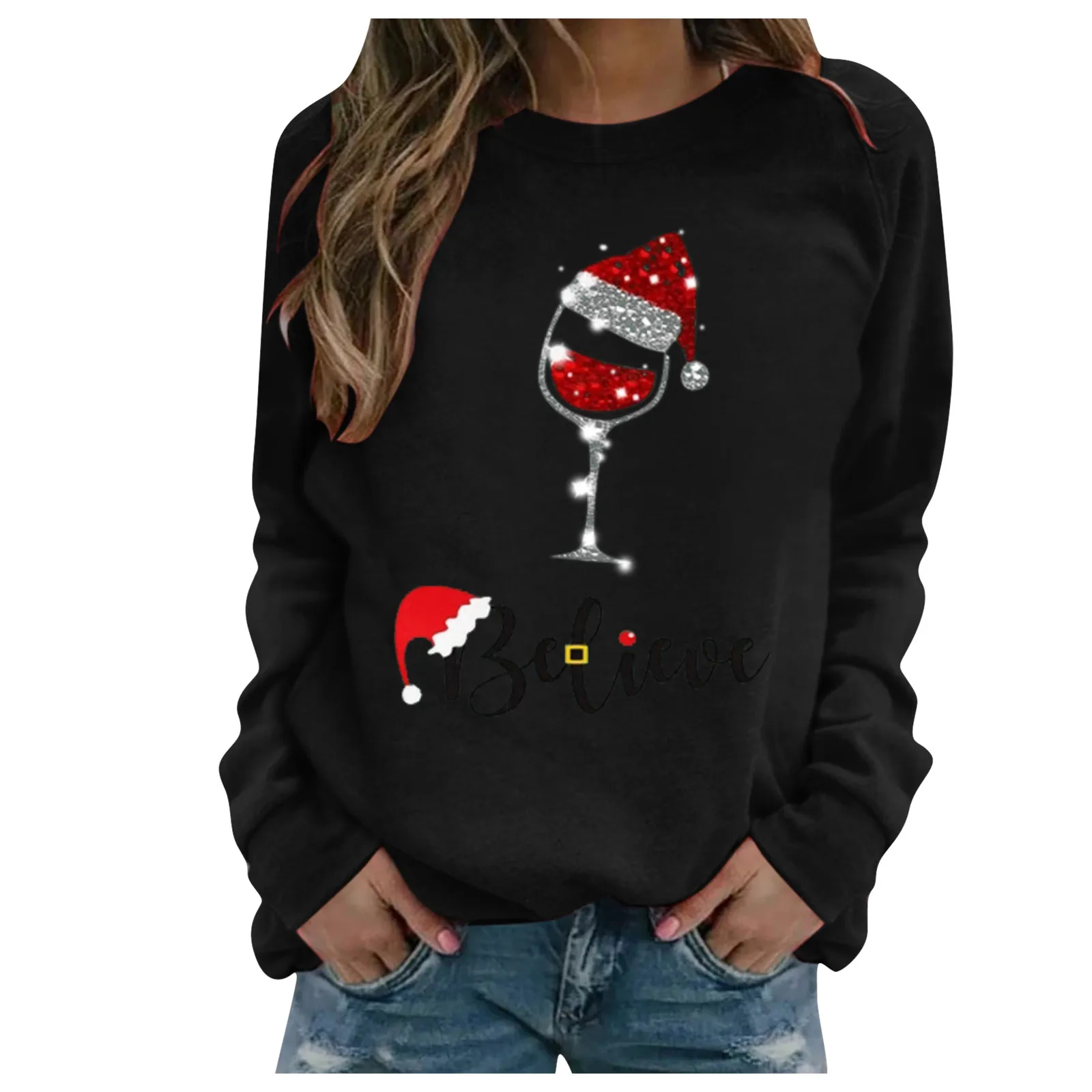 Women's Chirstmas Pullover Kawaii Santa Claus Print Long-sleeved Mulheres Sweetshirts Casual Festive Retro Sweater Pullovers