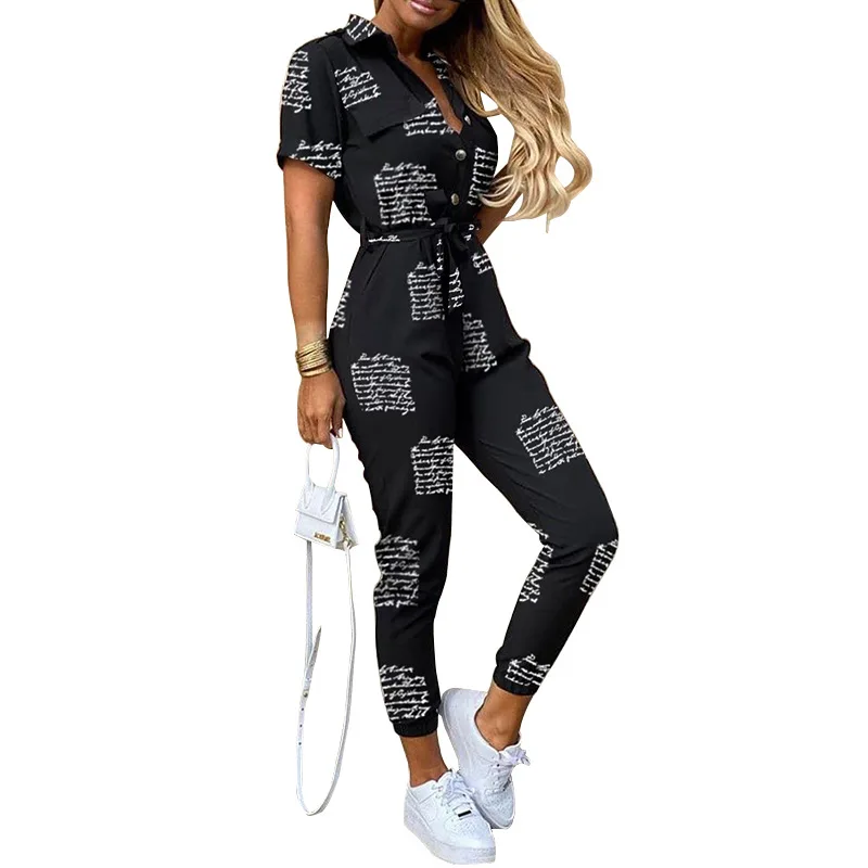 

Summer European and American women's casual lapel printed belt tooling jumpsuit