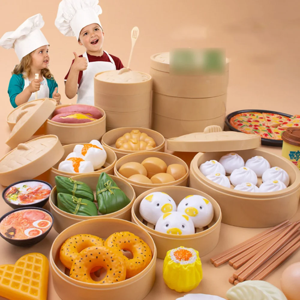 

2 Set of 26 Pcs Kid Fake Food Toys Fake Steamed Buns Steamer Toys Kitchen