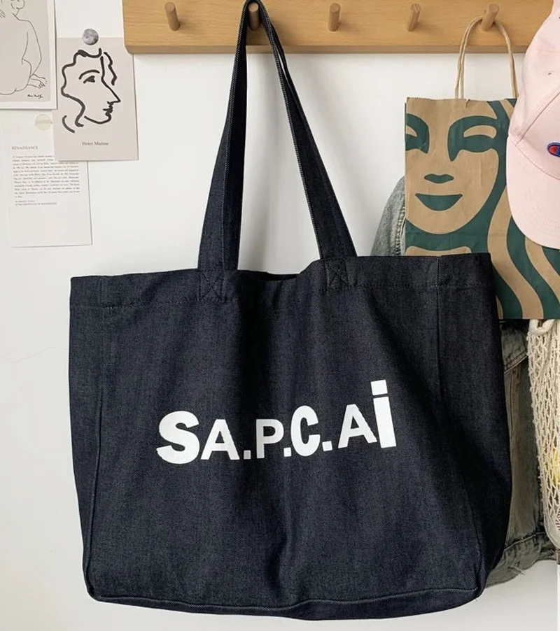 

Japanese Denim Tote Canvas Bag Simple One-shoulder Portable Large-capacity Trendy Cool Bag for Men and Women