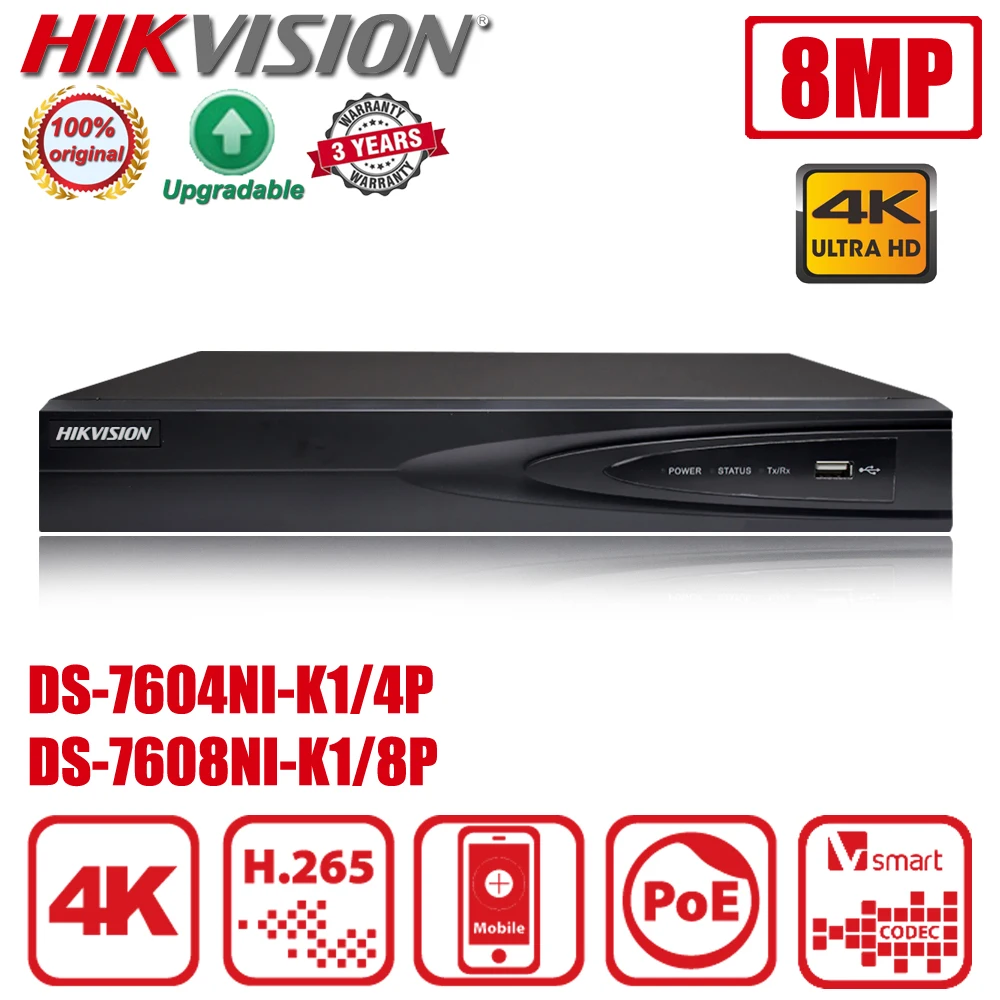 Оригинальный Hikvision DS-7604NI-K1/4P DS-7608NI-K1/8P 4/8CH 1U 4/8PoE 4K NVR H.265 + сетевой видеорегистратор
