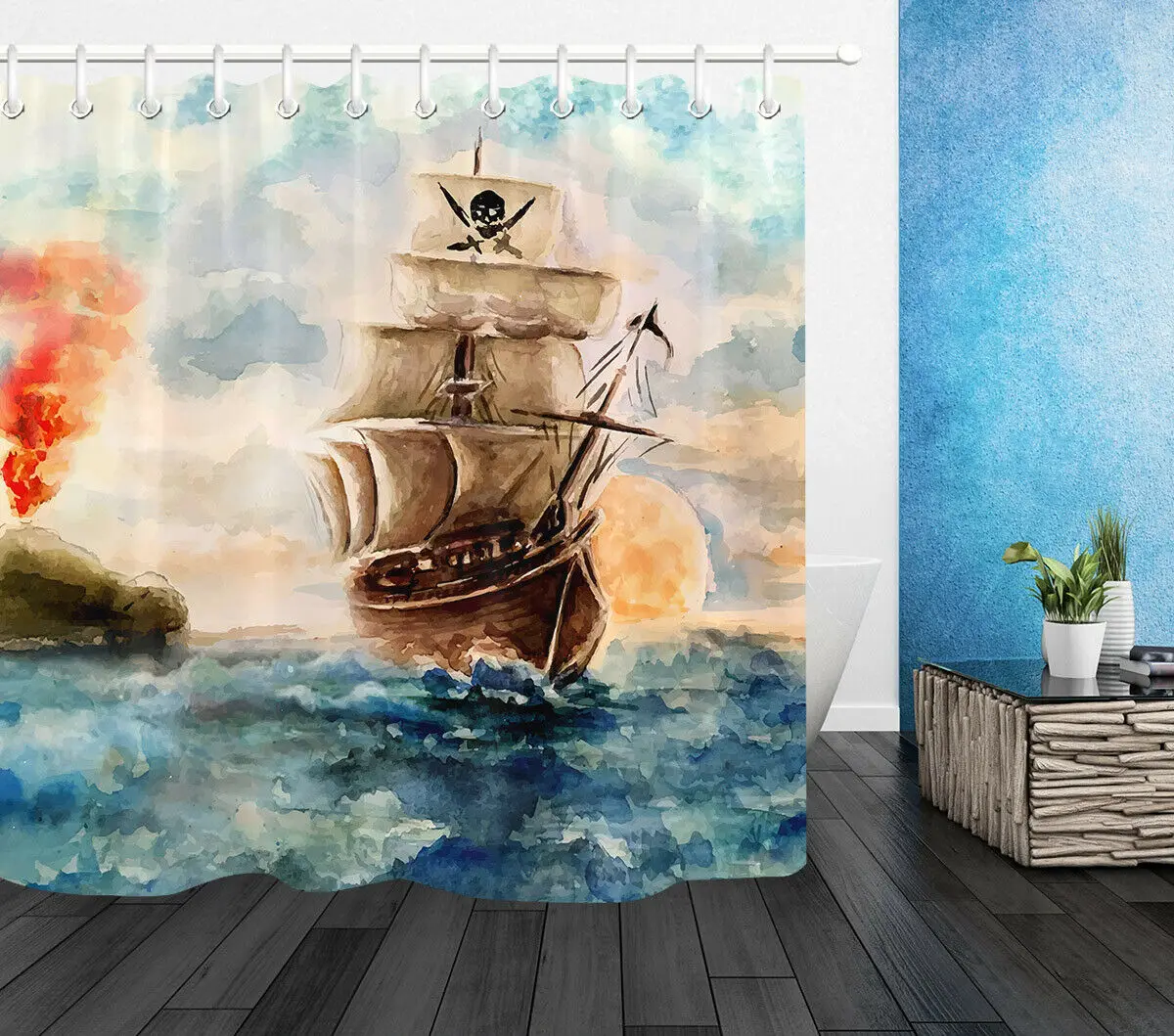 

Watercolor Pirate Sailboat Fabric Shower Curtain Set Bathroom Decor w/12 Hooks