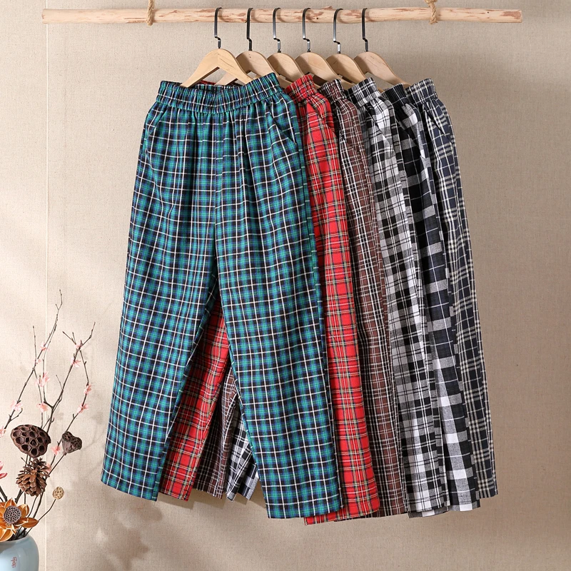 

Cotton Linen Plaid Pants Streetwear Women Spring Summer Elastic Waist Casual Harem Trouser Vintage Loose Linens Capri Pants