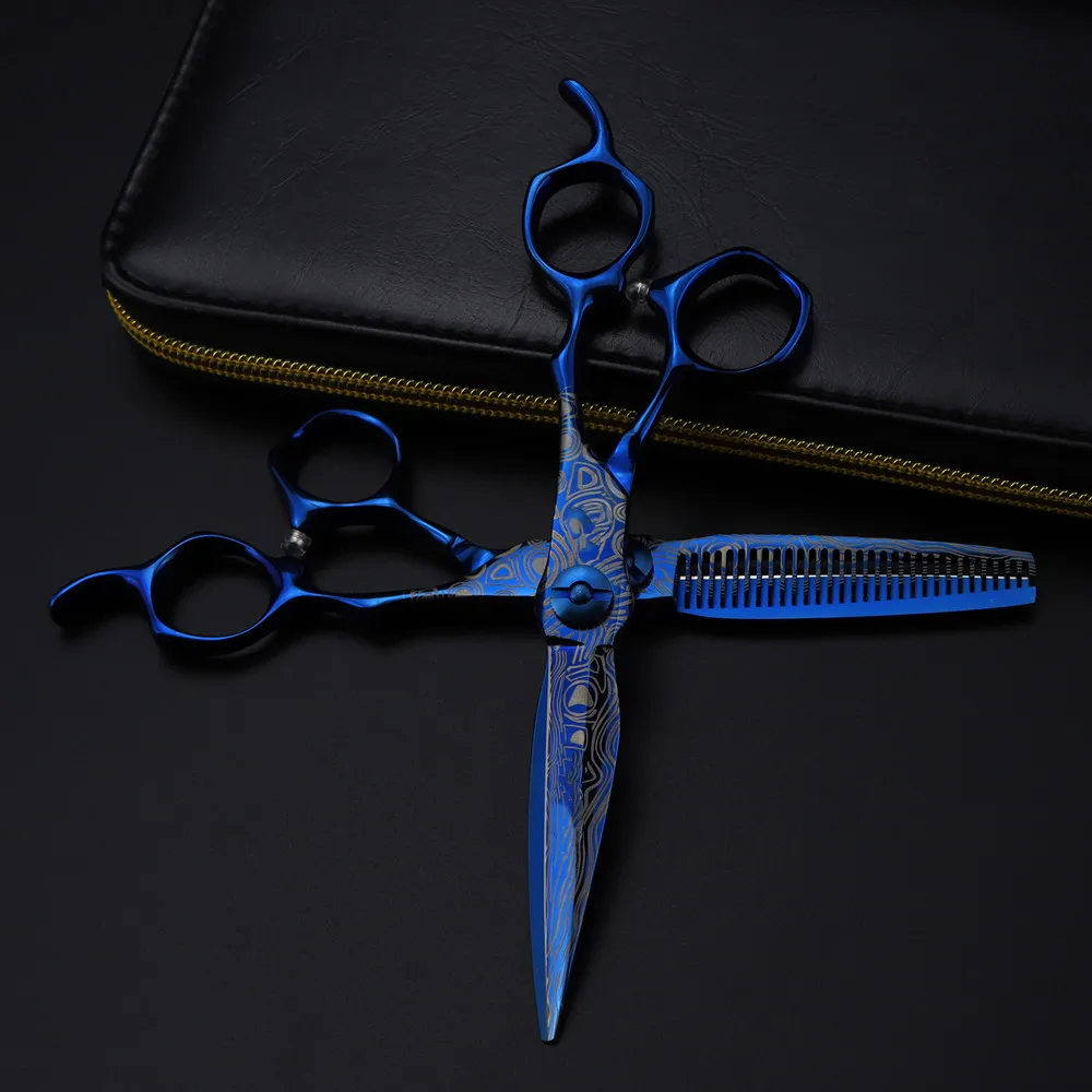Professional 6 '' Upscale scissor Blue Damascus hair scissors cutting barber tools haircut thinning shears hairdresser scissors