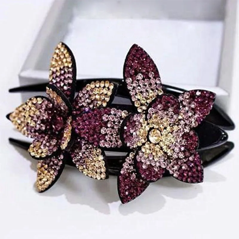 

New Rhinestone Double Flower Hair Clip Hair Crystal Peals Hair Combs Female Elegant Beads Hairgrip Handmade Hair Accessories