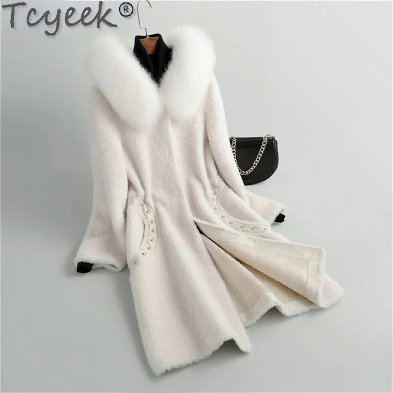 

Tcyeek Big Fox Fur Collar Coat Female Autumn Winter 2021 Hooded Sheep Shearling Jacket Women Wool Coats Jaqueta Feminina Gxy668