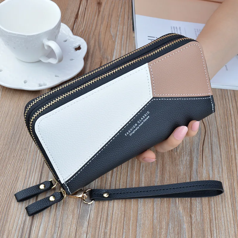 

Fashion Female Leather Card Holder Zipper Handbag Women Ladies Long Coin Purse Stitching Color Pocket Cell Phone Pouch Clutch