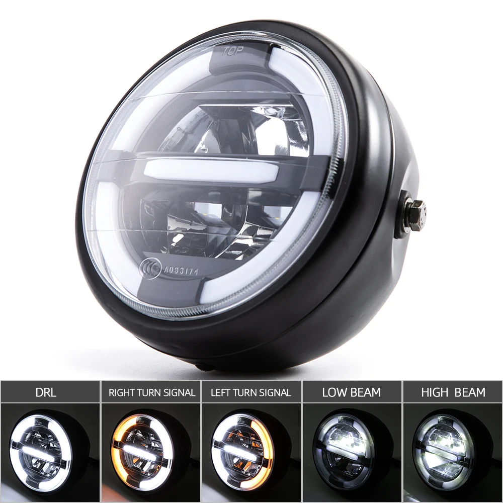 Motorcycle Retro Black Metal LED Headlight Lamp Daytime Running For CG125 GN125 Harley Cafe Racer Honda |