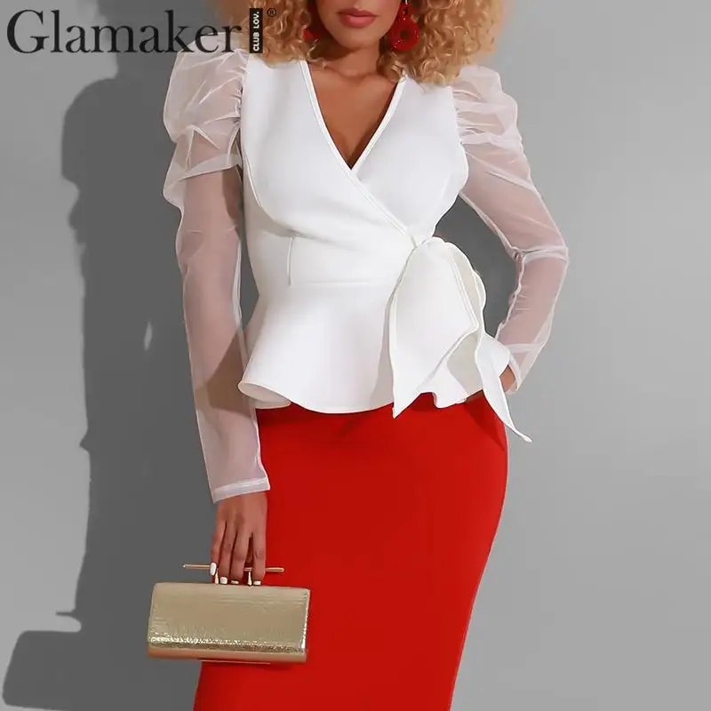 Glamaker с пышными рукавами белая Офисная Женская блузка рубашка сетчатая Лоскутная