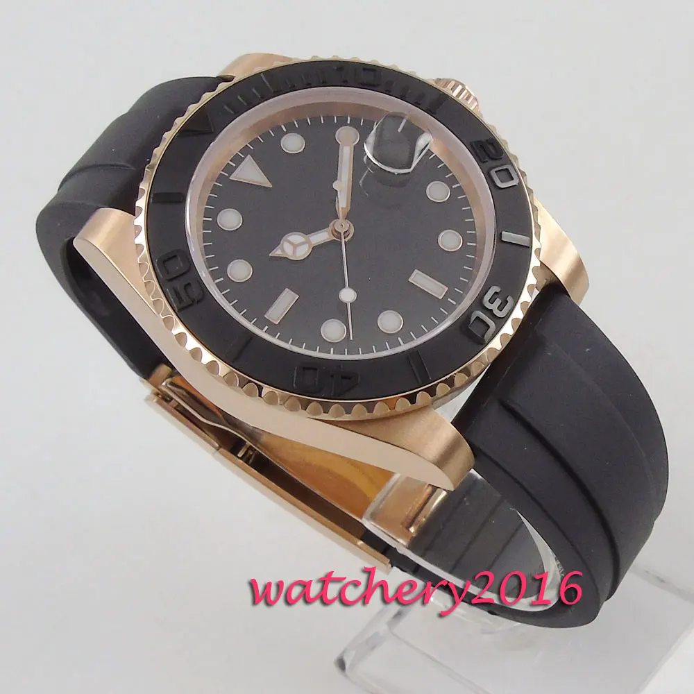 Мужские часы 40 мм черный циферблат розовое золото чехол сапфировое стекло