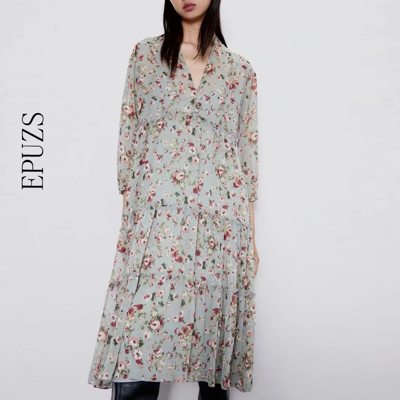 Винтажное длинное платье с цветочным принтом женское осеннее плиссированные