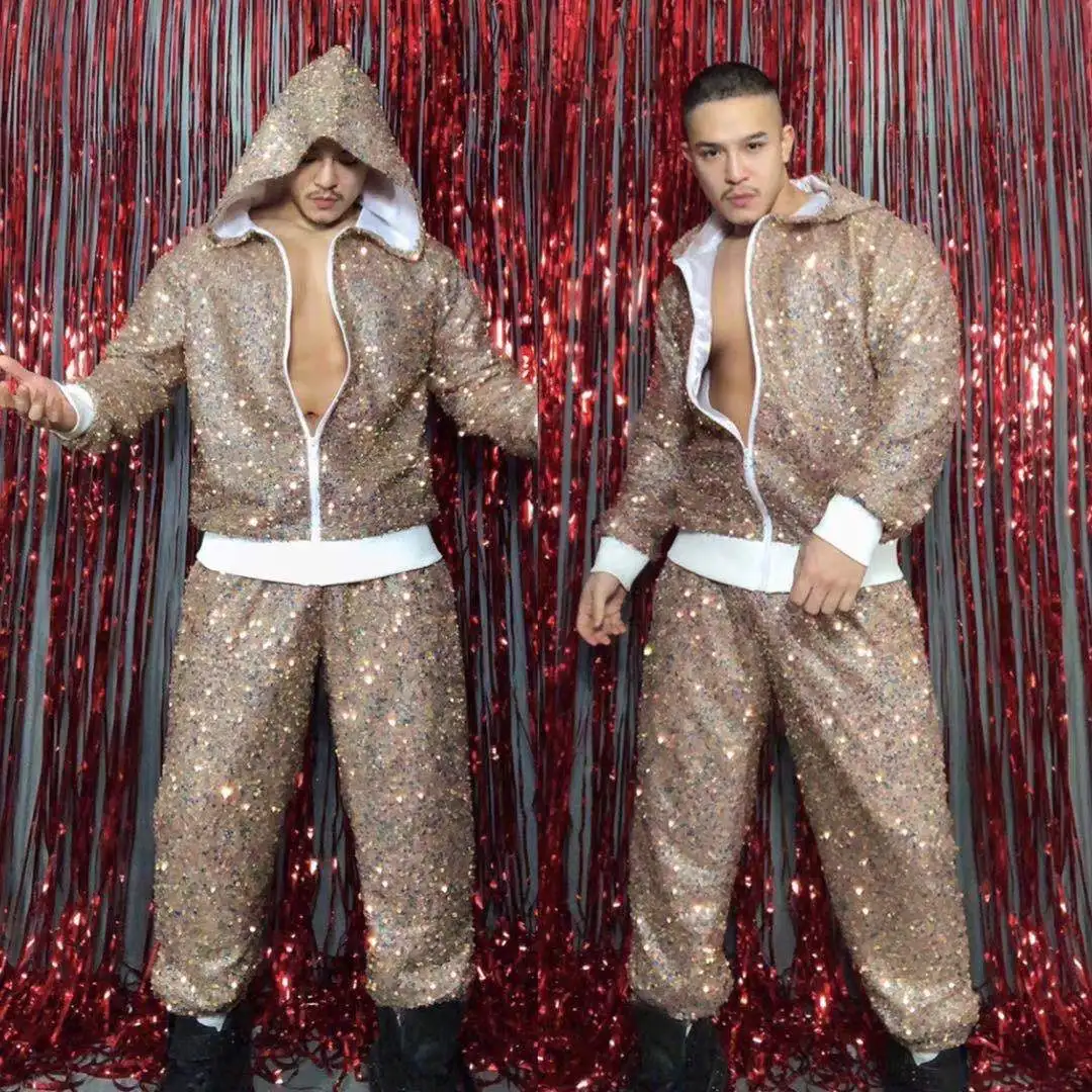 Men's Loose Sequins Hooded Jacket Pants 2-Piece Set Tide Male Rock Singer Hip Hop Dancer Stage Outfit Nightclub Bar Performance
