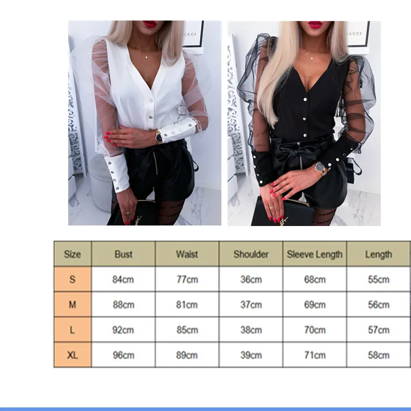 

Puff Sleeve Women Shirt Office Lady Sheer Mesh Long Sleeve Blouse Button Design Tops V Neck Casual Loose Blouses Black White