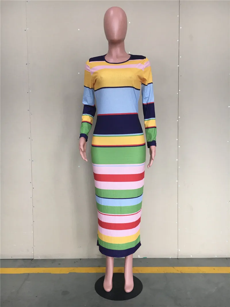 Женское платье-макси в радужную полоску с длинным рукавом | Женская одежда