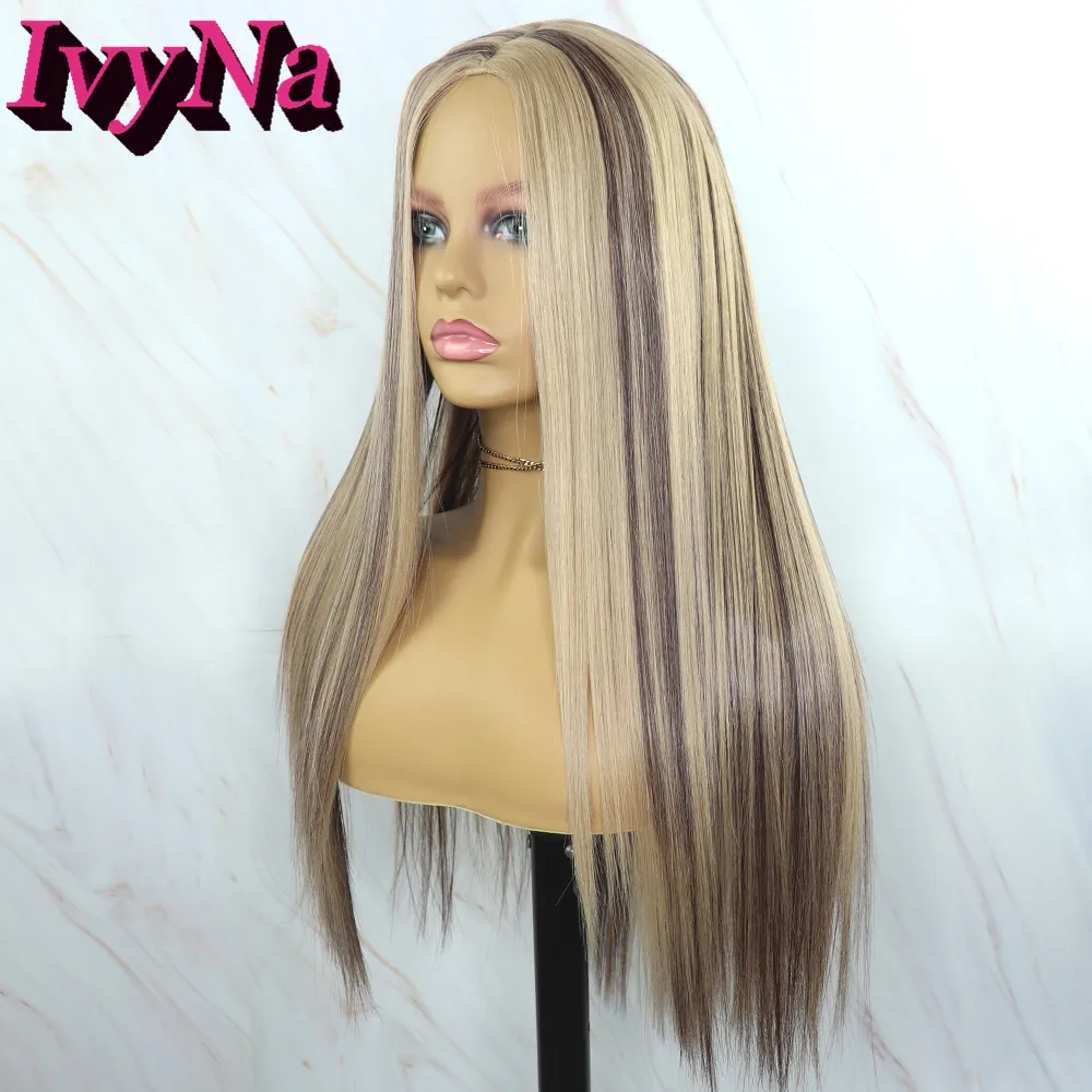 IvyNa D33/103 Blonde Ombre Synthetic Wigs Brown Highlight For Black Women Long Straight Silk Base Full Machine Made |