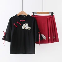 sweet style girl sets chinese style cartoon embroidery hanfu short sleeve t shirt and hight waist mini pleated skirt summer suit
