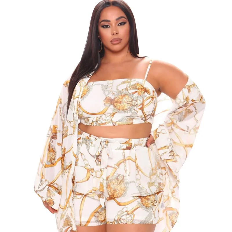 

Women Three Pieces Sets Summer Long Sleeves Cardigan + Crop Top + Shorts Printing Beach Holidays Fashion Outfits 2021 Newest