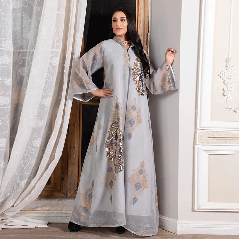 Ladies Muslim Evening Dress Sequin Embroidered Mesh Ladies Dress Dubai Fashion Ladies Arab Robe Long Skirt Kebaya Skirt