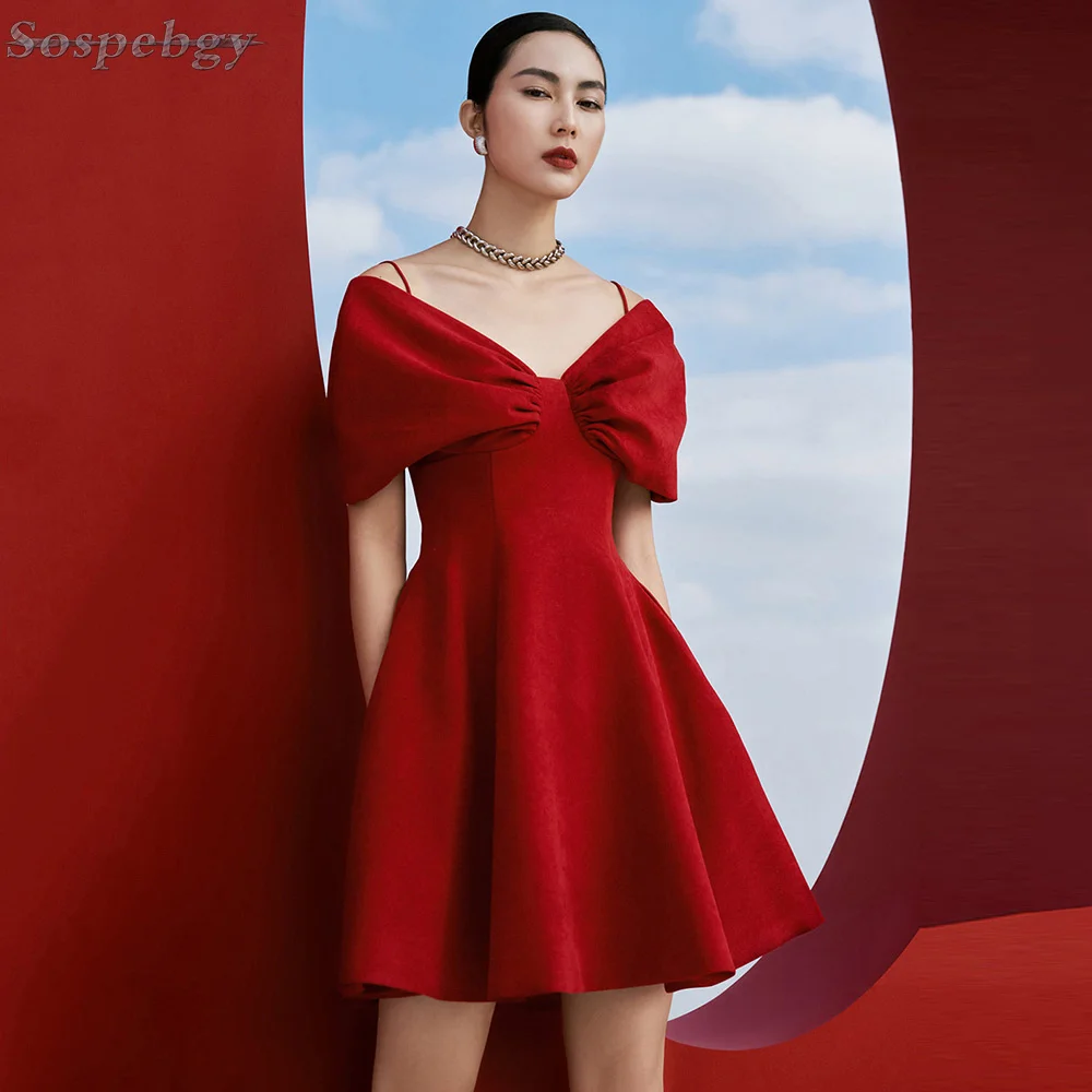 

Fashion Summer Women's Solid Color Red dress Sexy V-neck Folds Short sleeve Mini Dress 2021 Elegant Temperament Party Dress