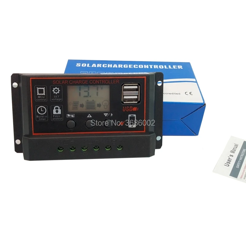 PWM 60A/50A/40A/30A/20A/10A Контроллер заряда солнечных батарей с двумя USB портами 12/24 в