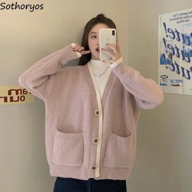 

Women Cardigan Korean Style Fashion V-neck Loose Streetwear Knitted Sweaters Pink Single Breasted Kawaii Teens Elegant Pockets