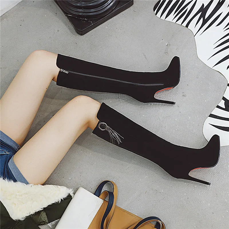 Женские сапоги с острым носком на молнии тонком высоком каблуке | Обувь