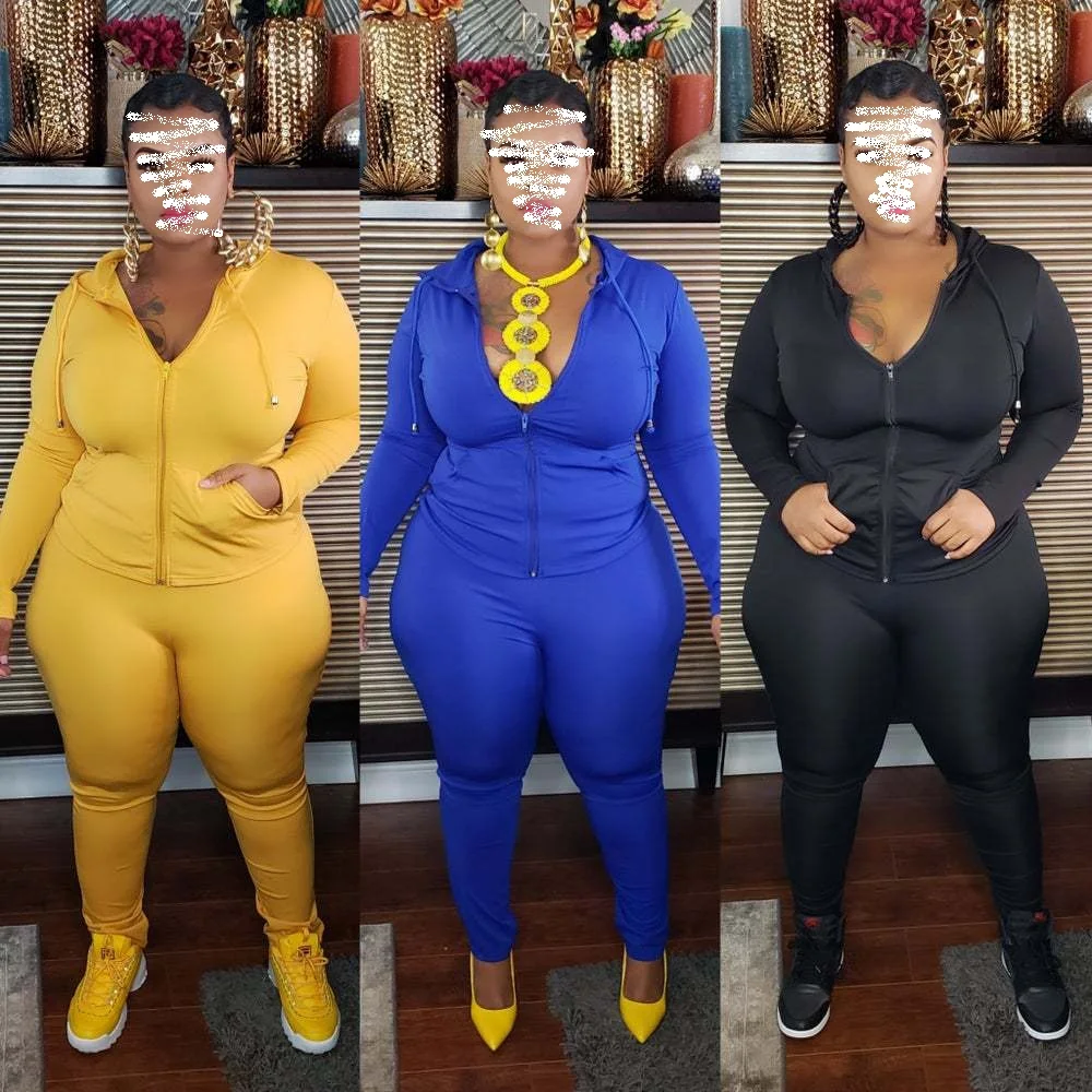 

Женские осенние спортивные костюмы размера плюс, одноцветные комплекты из двух предметов ярких цветов, повседневные пальто на молнии с кап...