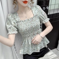 polo shirt 2021 new top with square neck small floral chiffon pullover short sleeved top with wooden ears womens tops