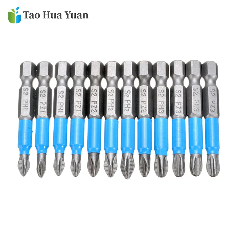 

12pcs Gcr15 Phillips Bit Hex Shanked Antislip Screwdriver Bits Magnetic Single Head PH1 PZ1 PH2 PZ2 PH3 PZ3 50mm Length Tool Set