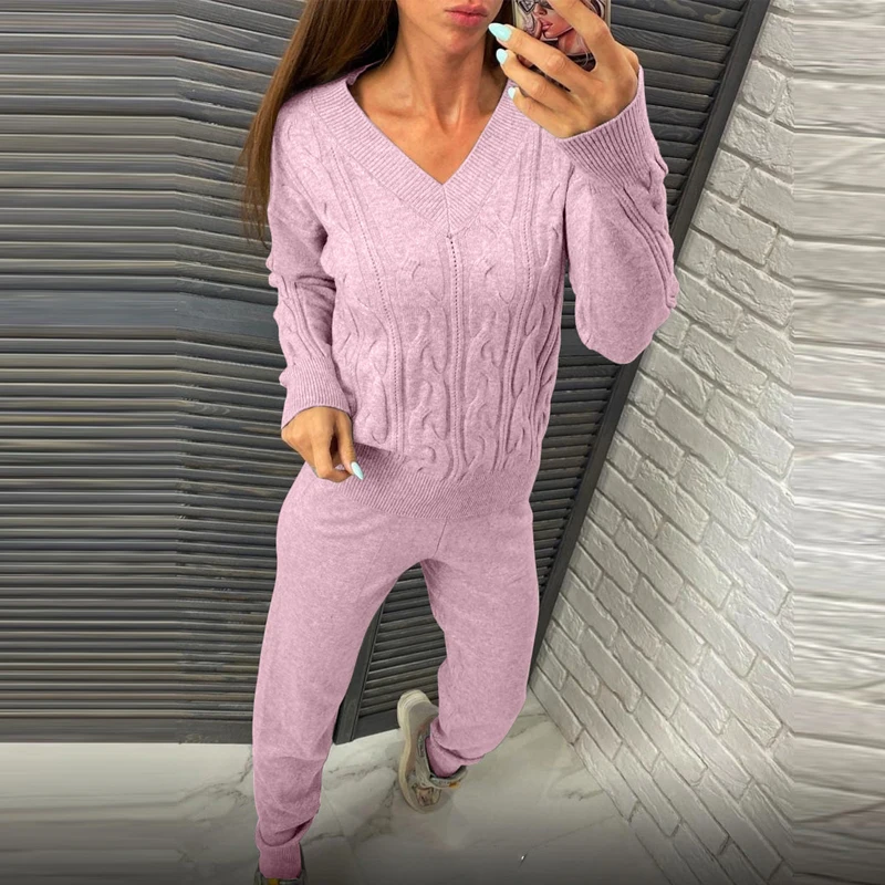 

Повседневный комплект из 2 предметов с длинным рукавом, однотонный вязаный женский свитер, Модный пуловер с V-образным вырезом и длинные брю...