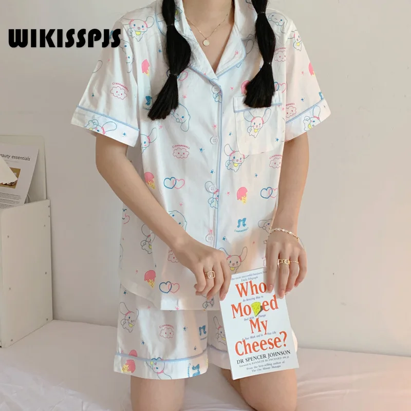 

WIKISSPJS Summer Korean Version Lovely Cartoon Pajamas Women Sweet Short Sleeve Shorts Leisure Home Suit Sleep Tops Lounge Wear