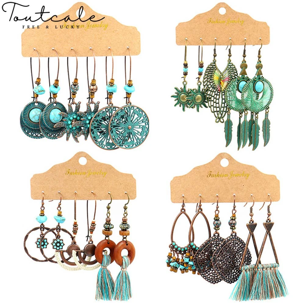 

TOUTCALE Irregular Multiple 3 Pairs Drop Earrings Set For Women Boho Vintage Bohemian Ethnic Dangle Hanging Earrings Jewelry