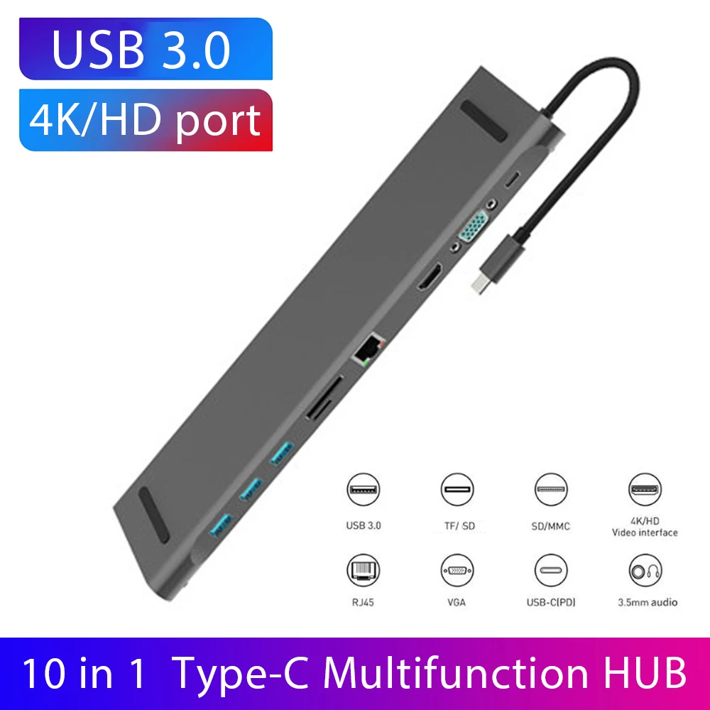 

10 In 1 Type-C Docking Station USB 3.1 To HDMI-compatible Card Reader Hub for MacBook Pro 2017 Laptop Computers