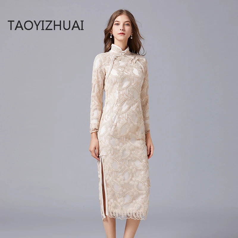 Taoyizhuai Brand improved retro cheongsam embroidery Sequin lace nail bead toast dress banquet evening dress extra large