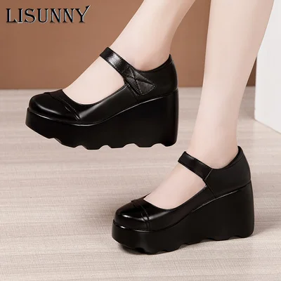 

LISUNNY 2021 Spring Leather Women Pumps Platform Wedges Round Toes Ankle Strap High Heels Soft Women Shoes Large Size 40-43