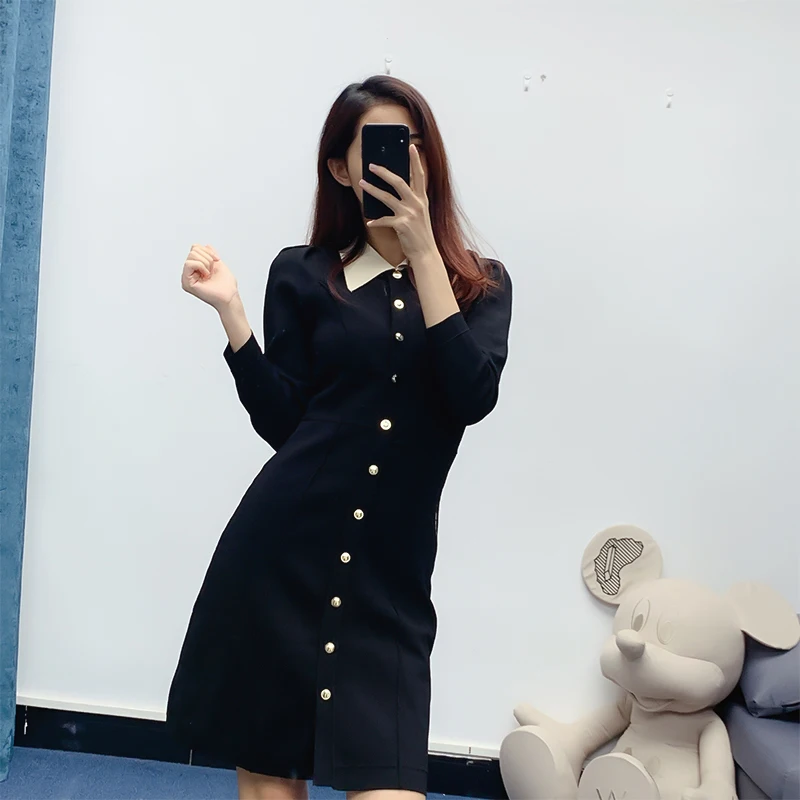 

Hepburn style small black skirt with thin waist and knitted bubble sleeve dress for women in autumn and winter