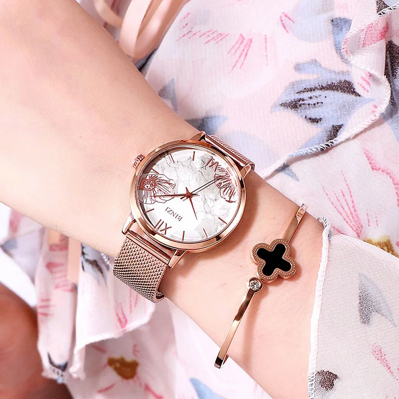 Нержавеющая сталь сетка розовое золото водонепроницаемые женские наручные часы