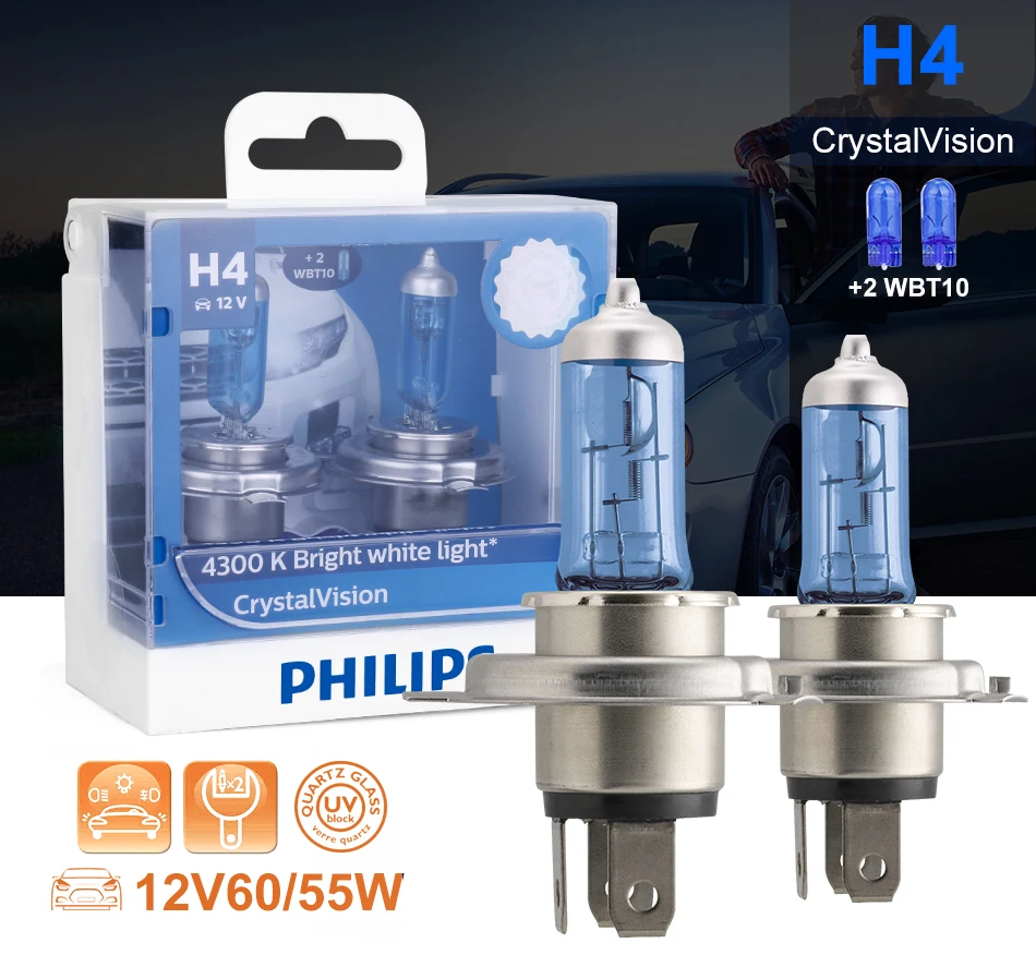 Philips H4 галогенная лампа 55 Вт 12 В Crystal Vision 4300 K, яркий белый светильник, аксессуары для дальнего и ближнего света, автомобильная лампа, мотоциклетный головной светильник, 2 шт
