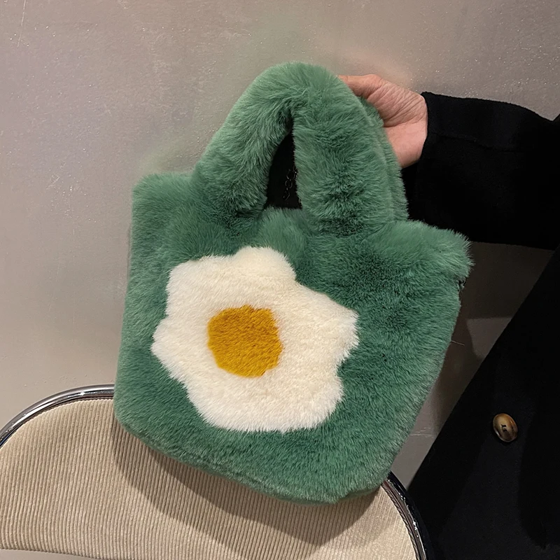 

Женские сумки из искусственного меха с милым рисунком жареных яиц, дизайнерские сумки, пушистая мягкая плюшевая сумка через плечо, теплая з...