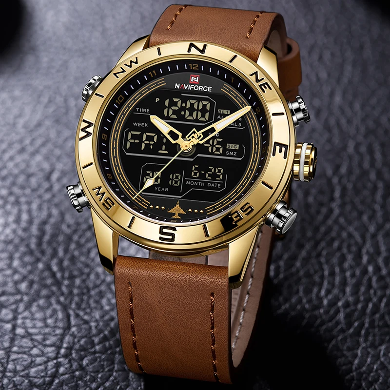

Luxury Brand Men 9144 Gold Army Military Watch Led Digital Leather Sports Watches Quartz Mens Clock Relogio Masculino